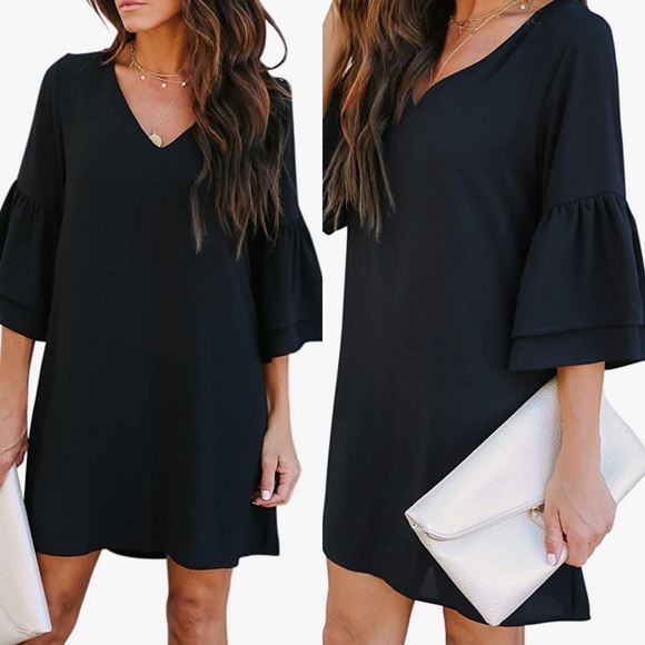 Belongsci Dresses & Skirts - BELONGSCI • Black V-Neck Bell Sleeve Shift Mini Dress